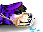  4:3 anthro black_hair blizzywolf canid canine canis domestic_dog elkhound fur hair headshot lying male mammal muzzle_(object) muzzled pawalo pawprint_marking purple_body purple_fur snout solo spitz 