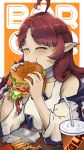  1girl absurdres arknights cheese closed_eyes cup drinking_straw dwarf eating fast_food food french_fries hamburger happy highres lettuce myrtle_(arknights) pointy_ears red_hair solo tomato vyragami 