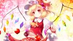  1girl blonde_hair blush camisole candy candy_apple cherry_blossoms commentary_request eyebrows_visible_through_hair flandre_scarlet floral_background food gengetsu_chihiro gradient gradient_background hat hat_ribbon highres konpeitou leaning_back looking_at_viewer midriff mob_cap multicolored multicolored_background navel one_side_up partial_commentary red_eyes red_skirt red_vest ribbon short_hair skirt skirt_basket skirt_lift smile solo standing starry_background touhou upper_body vest white_headwear wings 