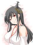  1girl ? akimoto_dai black_hair breasts cleavage commentary_request dated detached_sleeves fusou_(kantai_collection) hair_ornament highres japanese_clothes kantai_collection large_breasts leaning_to_the_side long_hair parted_lips red_eyes solo spoken_question_mark twitter_username upper_body white_background 
