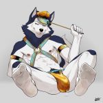  1:1 2019 abs absurd_res anthro bau_husky black_nose blue_eyes bodily_fluids bulge canid canine canis clothing domestic_dog eyebrows genital_fluids harness hat headgear headwear hi_res holding_object husky jockstrap legwear looking_at_viewer lying male mammal multicolored_body muscular muscular_male nipples nordic_sled_dog on_back pecs precum precum_through_clothing repzzmonster signature simple_background smile socks solo spitz sweat two_tone_body underwear wet wet_clothing 