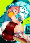  1boy ass backwards_hat blush briefs cassette_player fat glasses hat headphones highres looking_at_viewer looking_back open_mouth original pink_hair shoes shorts shorts_pull sneakers solo tanaka_(tanakasunsun) thick_eyebrows underwear white_briefs yellow_eyes zoom_layer 