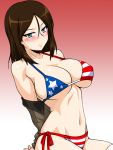  1girl american_flag_bikini bangs bikini black_hair blue_eyes blush breasts cleavage closed_mouth flag_print frown girls_und_panzer gradient gradient_background groin half-closed_eyes jacket large_breasts long_hair looking_at_viewer navel nonna_(girls_und_panzer) off_shoulder oosaka_kanagawa open_clothes open_jacket red_background side-tie_bikini sitting skindentation solo string_bikini swept_bangs swimsuit thighhighs 