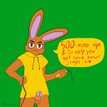  1:1 2020 anthro balls bodily_fluids brown_body brown_fur bunnielovesyou clothing english_text fur genitals green_background hi_res hoodie jump_rope jump_rope_challenge lagomorph leporid male mammal nintendo penis pubes rabbit simple_background smile smirk solo standing sweat text topwear video_games watermark yellow_clothing 