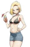  1girl absurdres alternate_costume android_18 bangs bare_legs bikini bikini_top black_bikini blonde_hair blue_eyes blue_skirt breasts cleavage closed_mouth cocktail_umbrella commentary cowboy_shot cup dragon_ball dragon_ball_z drink drinking_straw english_commentary expressionless food forehead fruit groin hand_on_hip highres holding holding_cup kiritzuguart lemon lemon_slice looking_at_viewer medium_breasts midriff miniskirt navel parted_bangs short_hair simple_background skirt solo swimsuit thighs white_background 