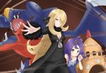  2girls :3 acerola_(pokemon) age_difference armlet bangs black_coat black_pants blonde_hair breasts brown_background cleavage clenched_hands closed_mouth coat collarbone dress fur-trimmed_coat fur_collar fur_trim garchomp gen_4_pokemon gen_7_pokemon grey_eyes hair_ornament hair_over_one_eye highres long_hair looking_at_viewer multiple_girls palossand pants pokemon pokemon_(creature) pokemon_(game) pokemon_masters purple_hair sandstorm_(pokemon) shiny shiny_hair shirogane_(shirogane_eishi)) shirona_(pokemon) smile stitches topknot very_long_hair 