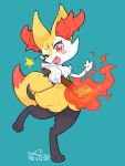  1girl animal_ear_fluff animal_ears aqua_background artist_name blush blush_stickers braixen collaboration colorized dated fang fire fox_ears fox_tail full_body furry gen_6_pokemon hand_up happy highres holding jpeg_artifacts leg_up looking_at_viewer lovewolf5122 mizuki_kotora no_humans one_eye_closed open_mouth outstretched_arm paws pokemon pokemon_(creature) red_eyes signature simple_background skin_fang smile solo standing standing_on_one_leg star_(symbol) stick symbol_commentary tail 