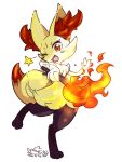  1girl animal_ear_fluff animal_ears artist_name blush braixen collaboration colorized commentary_request dated fang fire fox_ears fox_tail full_body furry gen_6_pokemon hand_up happy highres holding jpeg_artifacts leg_up light_blush looking_at_viewer mizuki_kotora no_humans one_eye_closed open_mouth outstretched_arm paws pokemon pokemon_(creature) red_eyes signature simple_background skin_fang smile solo standing standing_on_one_leg star_(symbol) stick tail white_background yotsuba_taro 