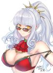  1girl artist_request bangs bare_shoulders bikini blush breasts carmilla_(fate/grand_order) carmilla_(swimsuit_rider)_(fate) choker cleavage curly_hair eyewear_on_head fate/grand_order fate_(series) highres jewelry large_breasts long_hair looking_at_viewer silver_hair simple_background slit_pupils smile solo sunglasses swimsuit upper_body white_background yellow_eyes 