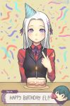  1girl alternate_costume black_vest byleth_(fire_emblem) cake candle closed_mouth edelgard_von_hresvelg english_text fire_emblem fire_emblem:_three_houses food hair_ribbon happy_birthday long_hair long_sleeves marfrey plate purple_eyes ribbon solo_focus table vest watermark web_address white_hair 