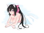  1girl animal_ears artist_request black_hair blush bow breasts cat_ears cat_girl cleavage hair_bow large_breasts long_hair looking_at_viewer lying noihara_himari omamori_himari on_stomach open_mouth pink_bow ponytail purple_eyes solo very_long_hair 