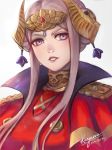  1girl artist_name edelgard_von_hresvelg fire_emblem fire_emblem:_three_houses headpiece highres horns kaejunni open_mouth purple_eyes simple_background solo upper_body white_background white_hair 