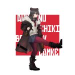  1girl absurdres alcohol animal_ears arknights bangs bear_ears black_jacket black_sailor_collar blue_eyes boots bottle brown_hair dancing full_body fur-trimmed_jacket fur_trim hair_between_eyes highres holding holding_bottle jacket leg_up looking_at_viewer multicolored_hair noel_(pixiv5459099) pantyhose red_hair red_legwear sailor_collar smile standing standing_on_one_leg vodka zima_(arknights) 