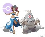  1girl artist_name bandeau bare_shoulders barefoot blue_eyes blue_sarong commentary_request dark_skin dusclops elite_four feet flower fuyou_(pokemon) gen_3_pokemon grey_hair hair_flower hair_ornament highres midriff navel open_mouth poke_ball_symbol pokemon pokemon_(creature) pokemon_(game) pokemon_oras print_sarong sarong short_hair simple_background smile strapless teru_zeta toes tongue watermark white_background 