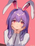  1girl :&lt; ainy77 animal_ears bangs blush bunny_ears bunny_girl closed_mouth commentary_request eyebrows_visible_through_hair hands_on_own_knees highres long_hair long_sleeves looking_at_viewer pink_background purple_hair red_eyes reisen_udongein_inaba shirt simple_background solo touhou twitter_username upper_body upper_teeth white_shirt 