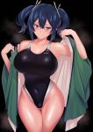  1girl absurdres bangs bare_shoulders black_background black_swimsuit blue_eyes blue_hair blush breasts cleavage closed_mouth collarbone commentary_request competition_swimsuit covered_navel cowboy_shot eyebrows_visible_through_hair green_kimono groin hair_between_eyes hair_ribbon halterneck highleg highleg_swimsuit highres huge_breasts japanese_clothes kantai_collection kimono looking_at_viewer navel off_shoulder one-piece_swimsuit open_clothes ribbon simple_background solo souryuu_(kantai_collection) standing swimsuit swimsuit_under_clothes thigh_gap thighs twintails ulrich_(tagaragakuin) undressing white_background white_ribbon 