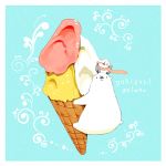  animal_on_head artist_name bear bird blue_background border chai commentary_request food hat highres holding holding_food ice_cream looking_at_viewer no_humans on_head original painttool_sai_(medium) penguin scarf simple_background waving 