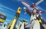  1girl :d aircraft airplane arknights arm_up bangs bird black_hair blue_sky chinese_commentary commentary_request day emperor_penguin gloves ground_vehicle highres jacket kirino_ttk long_sleeves magallan_(arknights) multicolored_hair open_mouth outdoors penguin raglan_sleeves satellite_dish short_hair sky smile streaked_hair upper_body white_gloves white_hair white_jacket yellow_eyes 