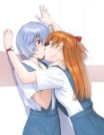  2girls against_wall arm_up ayanami_rei bandaid bandaid_on_finger bangs blue_hair blue_skirt blush brown_hair buttons colored_eyelashes commentary_request from_side hair_between_eyes hair_ornament hand_on_another&#039;s_shoulder hand_up kiss leaning_forward long_hair looking_at_another multiple_girls neon_genesis_evangelion pale_skin pleated_skirt profile red_eyes school_uniform shadow shirt short_hair short_sleeves skirt souryuu_asuka_langley standing surprise_kiss surprised suspender_skirt suspenders two_side_up upper_body wall_slam watanabe_yasuaki watch white_shirt wide-eyed wrist_grab wristwatch yuri 