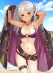  1girl armpits arms_up bangs belt belt_buckle bikini black_coat blue_sky blush breasts brown_eyes brown_gloves buckle cleavage closed_mouth cloud coat collarbone cowboy_shot day fire_emblem fire_emblem_awakening fire_emblem_heroes gloves haru_(nakajou-28) highres jewelry lens_flare long_hair looking_at_viewer medium_breasts navel necklace o-ring o-ring_bikini o-ring_top one-piece_tan open_clothes open_coat outdoors parted_bangs purple_bikini robin_(fire_emblem) robin_(fire_emblem)_(female) silver_hair sky solo stomach swimsuit tan tanline thigh_strap twintails underboob undressing 