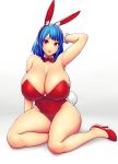  1girl absurdres animal_ears arm_up armpits bangs bare_shoulders blue_hair bow breasts bunny_ears bunny_girl bunny_tail cleavage curvy detached_collar english_commentary erkaz fake_animal_ears high_heels highres huge_breasts leotard looking_at_viewer original red_bow red_eyes red_footwear red_leotard rina_atherina sidelocks sitting tail thick_thighs thighs wrist_cuffs 