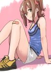  1girl arm_support armpit_crease ass bandaid bandaid_on_knee bare_arms bare_legs bare_shoulders blue_shirt breasts brown_hair hair_ornament hairclip idolmaster idolmaster_million_live! kasuga_mirai knees_up long_hair looking_at_viewer one_side_up shirt shoes short_shorts shorts sidelocks sleeveless sleeveless_shirt small_breasts smile sneakers solo sweat thighs white_shorts yellow_eyes yellow_footwear yoropa 