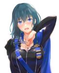  1girl asao_(vc) blue_cape blue_eyes blue_hair byleth_(fire_emblem) byleth_(fire_emblem)_(female) cape cosplay dimitri_alexandre_blaiddyd dimitri_alexandre_blaiddyd_(cosplay) fire_emblem fire_emblem:_three_houses garreg_mach_monastery_uniform highres open_mouth simple_background solo sweat uniform upper_body white_background zipper 