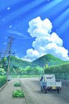  blue_sky chain-link_fence cloud commentary_request day fence ground_vehicle hedge_(plant) highres motor_vehicle mountain no_humans original outdoors plant power_lines road road_sign sakurachoco scenery sign sky telephone_pole truck 