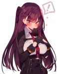  ! 1girl bangs black_dress black_gloves black_skirt blush breasts buttons collared_shirt dress dress_shirt eating food framed_breasts girls_frontline gloves hair_ribbon half_updo hand_on_hip highres large_breasts long_hair long_sleeves looking_at_viewer necktie one_side_up popsicle purple_hair purple_ribbon red_eyes red_neckwear ribbon shirt skirt solo soukou_makura sparkle wa2000_(girls_frontline) white_background white_shirt 