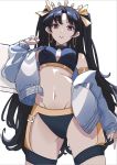  1girl baihuenyexing bangs bare_shoulders bikini black_bikini black_hair breasts earrings fate/grand_order fate_(series) ishtar_(fate)_(all) ishtar_(fate/grand_order) jacket jewelry long_hair looking_at_viewer navel off_shoulder parted_lips red_eyes simple_background sleeves_past_wrists solo swimsuit two_side_up very_long_hair white_background yellow_nails 
