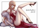  1girl ass bangs bare_shoulders black_footwear blonde_hair breasts cleavage dress earrings girls_frontline high_heels jewelry long_hair looking_at_viewer ots-14_(girls_frontline) red_dress selcky sitting sleeveless sleeveless_dress solo yellow_eyes 