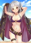  1girl armpits arms_up bangs belt belt_buckle bikini black_coat blue_sky blush breasts brown_eyes brown_gloves buckle cleavage closed_mouth cloud coat collarbone cowboy_shot day fire_emblem fire_emblem_awakening fire_emblem_heroes gloves haru_(nakajou-28) highres jewelry lens_flare long_hair looking_at_viewer medium_breasts navel necklace o-ring o-ring_bikini o-ring_top open_clothes open_coat outdoors parted_bangs purple_bikini robin_(fire_emblem) robin_(fire_emblem)_(female) silver_hair sky smile solo stomach swimsuit thigh_strap twintails underboob undressing 