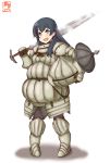  1girl absurdres agano_(kantai_collection) alternate_costume armor artist_logo big_belly black_hair commentary_request cosplay dark_souls dated full_body green_eyes headwear_removed helmet helmet_removed highres kanon_(kurogane_knights) kantai_collection long_hair looking_at_viewer shield siegmeyer_of_catarina siegmeyer_of_catarina_(cosplay) simple_background smile solo souls_(from_software) sword weapon white_background 