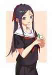  1girl :d bangs black_hair black_shirt black_skirt blue_eyes brown_background bubble_tea commentary_request cup disposable_cup drinking_straw fang forehead hair_ribbon highres holding holding_cup itachi_kanade long_hair looking_at_viewer neckerchief open_mouth original parted_bangs pleated_skirt ponytail red_neckwear red_ribbon ribbon sailor_collar school_uniform serafuku shirt short_sleeves skirt smile solo two-tone_background very_long_hair white_background white_sailor_collar 