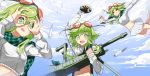  &gt;_&lt; 2girls absurdres ammunition arm_up checkered checkered_scarf cloud cloudy_sky commentary crop_top day explosive falling fingerless_gloves gloves goggles goggles_on_head green_eyes green_hair grenade grin gumi gun hand_glasses hands_over_eyes highres holding holding_grenade holding_gun holding_weapon looking_at_viewer midriff miniskirt multiple_girls multiple_persona navel open_mouth pleated_skirt raysricey red_goggles rifle scarf shirt short_hair_with_long_locks sidelocks skirt sky smile tetrodotoxin_synthesizer_no.2_(vocaloid) tongue tongue_out vocaloid weapon white_shirt white_skirt 