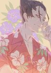  1boy black_hair commentary floral_background floral_print flower hair_slicked_back hair_strand hand_on_own_face hawaiian_shirt highres hong kaiki_deishuu koimonogatari looking_at_viewer male_focus monogatari_(series) partially_unbuttoned shirt solo upper_body 