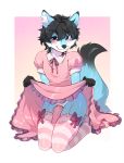  animal_genitalia animal_penis anthro black_hair blue_body blue_fur blush bow canid canine canine_penis canis clothed clothing clothing_lift crossdressing dress dress_lift fox fumiko fur garter_straps genitals girly hair hi_res hybrid kneeling knot legwear looking_at_viewer male mammal pattern_clothing pattern_legwear penis pink_clothing pink_dress revealing_penis sheath short_hair simple_background smile solo stockings striped_clothing striped_legwear striped_stockings stripes syntax_blue upskirt white_body white_fur wolf 