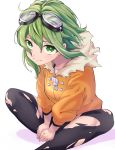  1girl black_legwear coat commentary fur-trimmed_coat fur_trim goggles goggles_on_head green_eyes green_hair gumi hands_on_feet highres jinsei_reset_button_(vocaloid) looking_at_viewer orange_coat short_hair sitting smile solo thighhighs torn_clothes torn_legwear vocaloid yuja0119 zipper_pull_tab 