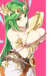  1girl armlet bangs belt breast_conscious breast_hold breasts bursting_breasts cleavage clip_studio_paint_(medium) commentary commentary_request dress forehead_jewel goddess green_eyes green_hair highres jewelry kid_icarus kid_icarus_uprising large_breasts long_hair looking_at_viewer multiple_belts neck_ring nervous_smile palutena parted_bangs pink_background side_slit simple_background solo strapless strapless_dress sweat swept_bangs tiara tomas_(kaosu22) two-tone_background vambraces very_long_hair white_background white_dress 