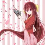  1girl bangs breasts cherry_blossoms highres japanese_clothes kamikaze_(kantai_collection) kantai_collection kimono long_hair looking_at_viewer medium_breasts pink_eyes red_hair smile solo striped striped_background very_long_hair yoshino_(yoshino-yoshii) 