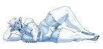  akazai big_breasts blue_body breasts collar fangs female fuzzy genitals hi_res humanoid lying nude on_side pubes pussy simple_background slightly_chubby solo white_background yeti 