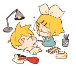  1boy 1girl :i bangs blonde_hair blue_dress bow collared_shirt commentary crayon crying crying_with_eyes_open dress fork gloves hair_bow hair_ornament hairclip kagamine_len kagamine_rin ketchup kitsune_no_ko kneeling knife lamp lying mask mouth_mask napkin o_o on_back playing_doctor scared screwdriver shirt shirt_removed short_hair short_ponytail solid_circle_eyes sparkle spiked_hair spill surgeon surgery surgical_mask swept_bangs tears tissue_box translated trembling vocaloid white_bow white_shirt wrench x |_| 