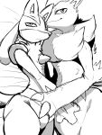 2020 3:4 ambiguous_gender annoyed_expression annoying anthro canid canine claws duo embrace fingers fur hair half-closed_eyes hug inner_ear_fluff looking_annoyed looking_annoying looking_at_viewer lucario mammal markings monochrome narrowed_eyes nintendo pok&eacute;mon pok&eacute;mon_(species) shoulder_tuft sketch smile spikes tuft video_games winick-lim zoroark 
