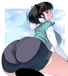  1girl arched_back ass black_hair breasts brown_eyes cloud cloudy_sky comicstudio commentary_request highres hood hoodie large_breasts looking_at_viewer looking_back masao original pantylines photoshop_(medium) short_hair sky solo thick_thighs thighs 