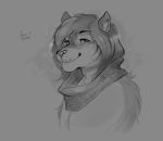  2019 anthro bust_portrait ear_tuft eyebrows felid feline female greyscale hair hi_res looking_at_viewer mammal monochrome portrait repzzmonster scarf signature simple_background smile solo stripes tamma tuft whiskers 