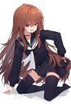  1girl absurdres aisaka_taiga arm_support bangs black_legwear blush brown_eyes brown_hair choker collarbone commentary fang full_body highres kneeling leaning_to_the_side lo-ta long_hair long_sleeves looking_at_viewer neckerchief oohashi_high_school_uniform open_mouth pleated_skirt sailor_collar school_uniform shadow sidelocks skirt solo thighhighs toradora! white_background white_neckwear zettai_ryouiki 