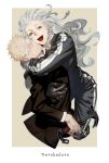  1boy 1girl copyright_name dorohedoro hammer highres hug looking_at_viewer noi_(dorohedoro) open_mouth red_eyes shin_(dorohedoro) smile sweat tall tall_female w55674570w white_hair 
