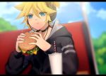  1boy black_jacket blonde_hair blue_eyes blurry blurry_background booth cable closed_eyes collar commentary cup day disposable_cup eating ei_flow english_commentary food hamburger headphones holding holding_food hood hooded_jacket jacket kagamine_len male_focus sitting solo spiked_hair upper_body vocaloid 