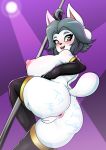  absurd_res animal_humanoid anthro areola big_breasts blush breasts butt clothed clothing dancing digital_media_(artwork) english_text female fur genitals hair hi_res humanoid legwear looking_at_viewer mammal nipples open_mouth pole pole_dancing pussy simple_background smile solo stockings tem temmie_(undertale) text thick_thighs undertale video_games white_body white_fur zzvinniezz 