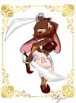  anthro bad_guy_cafe brown_body brown_fur crossover female fur gerudo green_eyes hi_res lagomorph leporid mammal melee_weapon midnight_(starwishermidnight) nintendo ocerydia rabbit solo sword the_legend_of_zelda video_games weapon 